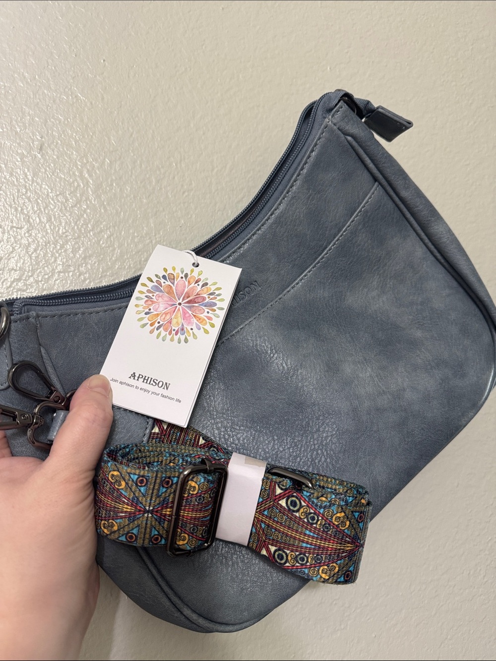 Slate Blue Shoulder Bag with Removable Patterned Strap